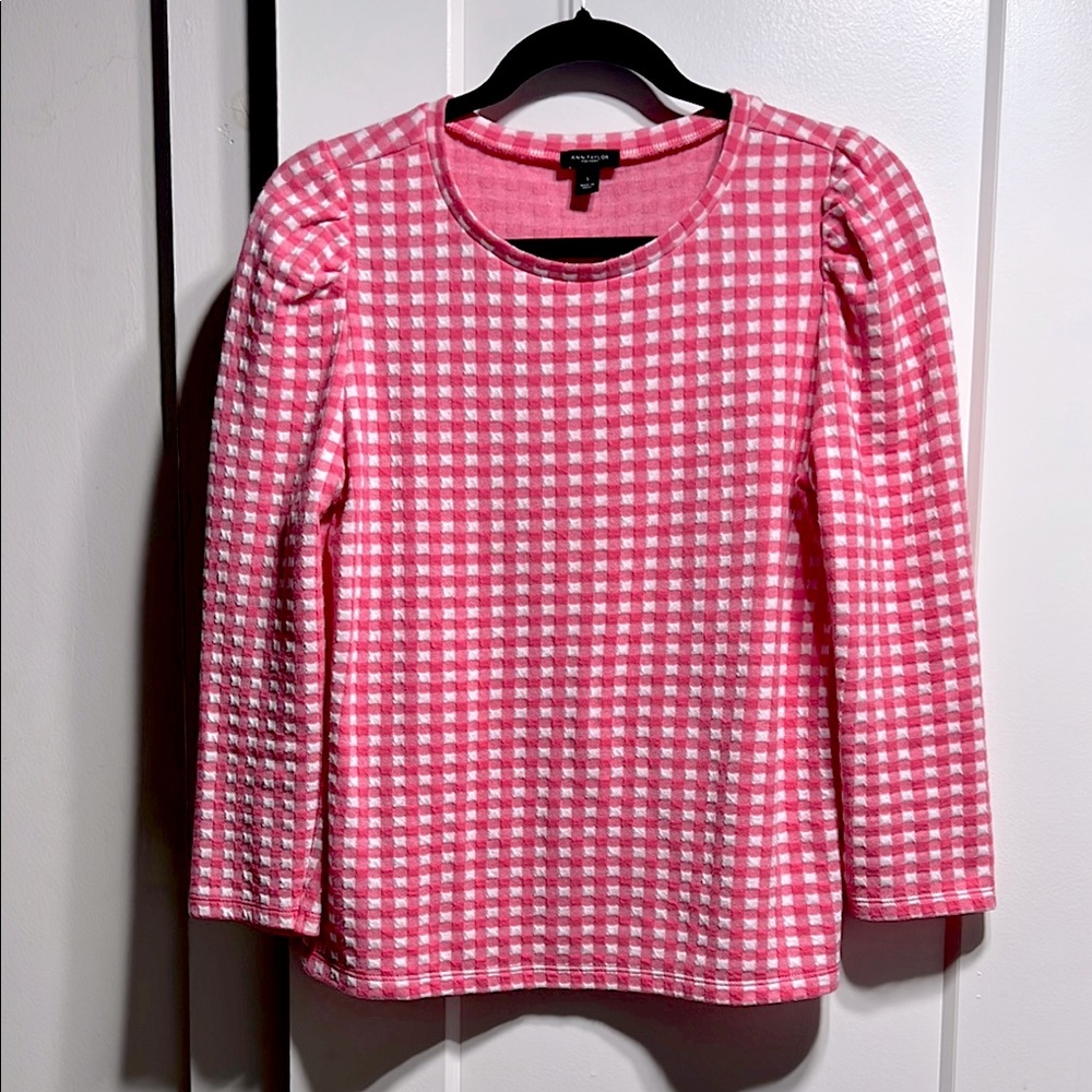 Ann Taylor pink and white gingham 3/4 sleeve top